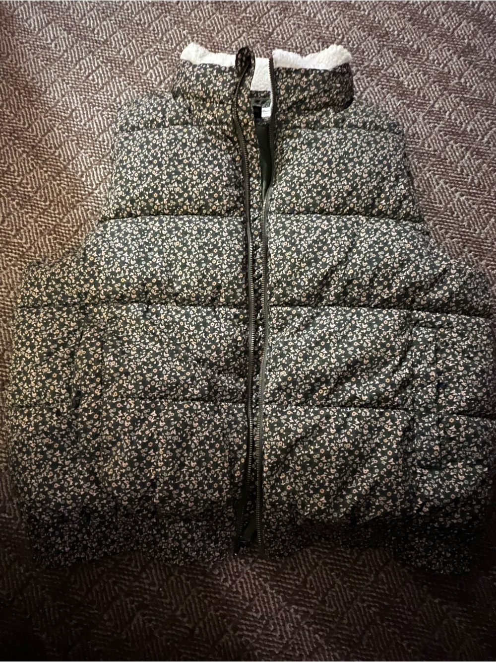 Floral Puffer Jacket with Sherpa Trim - Green